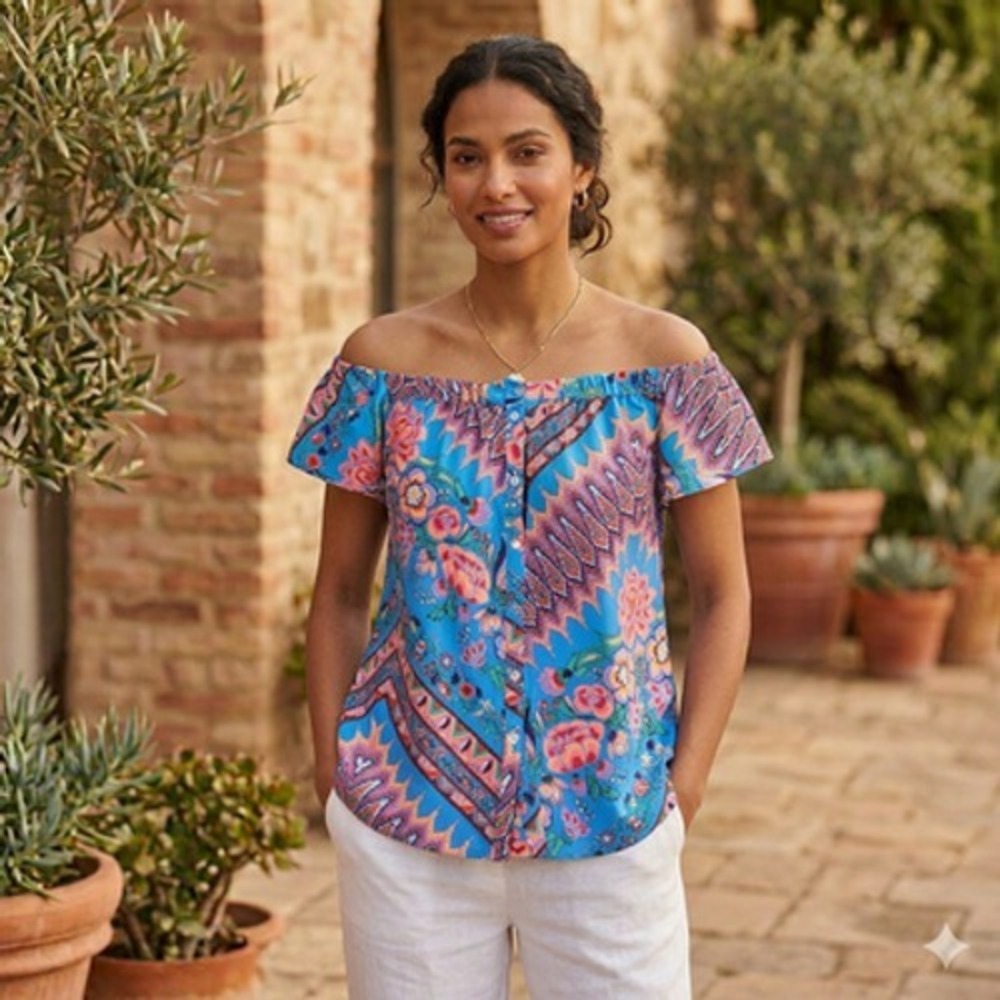Alice‎ & Trixie Silk Blouse Womens Small Blue Floral Off Shoulder Short Sleeve